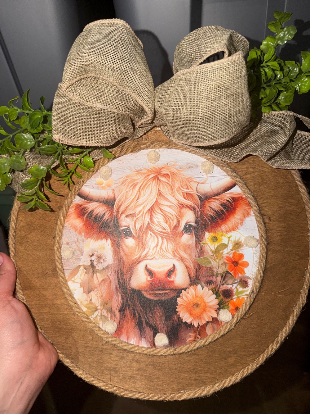 Rustic Cow Wall Hanging with Floral Art